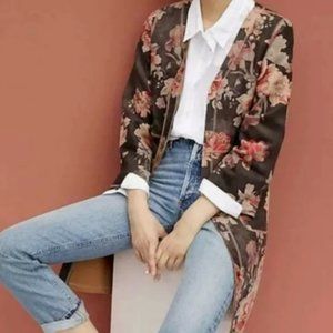 Anthropologie Solitaire Faux Suede Floral Duster Cardigan in Gray and Pink, L